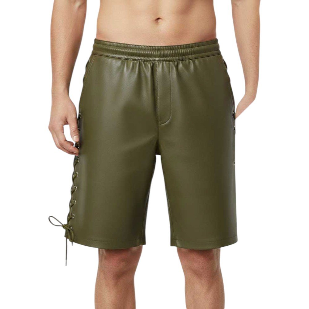 Men's Olive Green Genuine Leather Shorts with Side Laces Biker Style