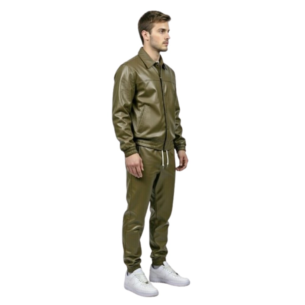 Olive Green Leather Track Suit Side Pose