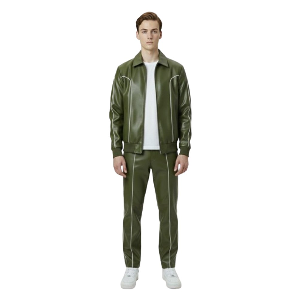 Olive Green Track Suit With White Stripes Front Pose