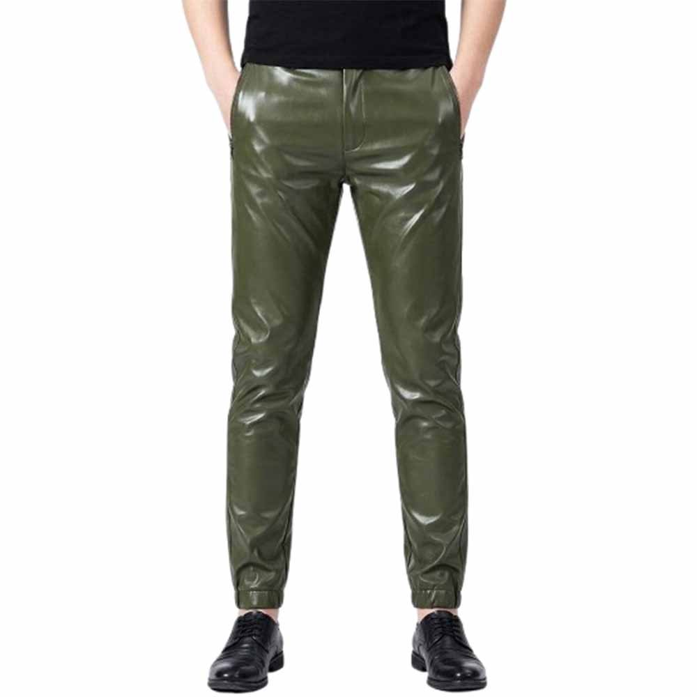 Premium Olive Green Leather Jogger Pants with Elastic Cuffs Pose Front