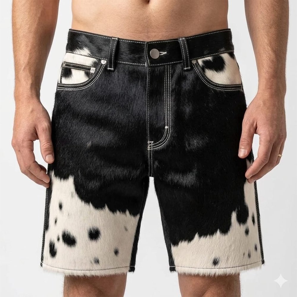 Premium White and Black Cowhide Leather Shorts Front Pose