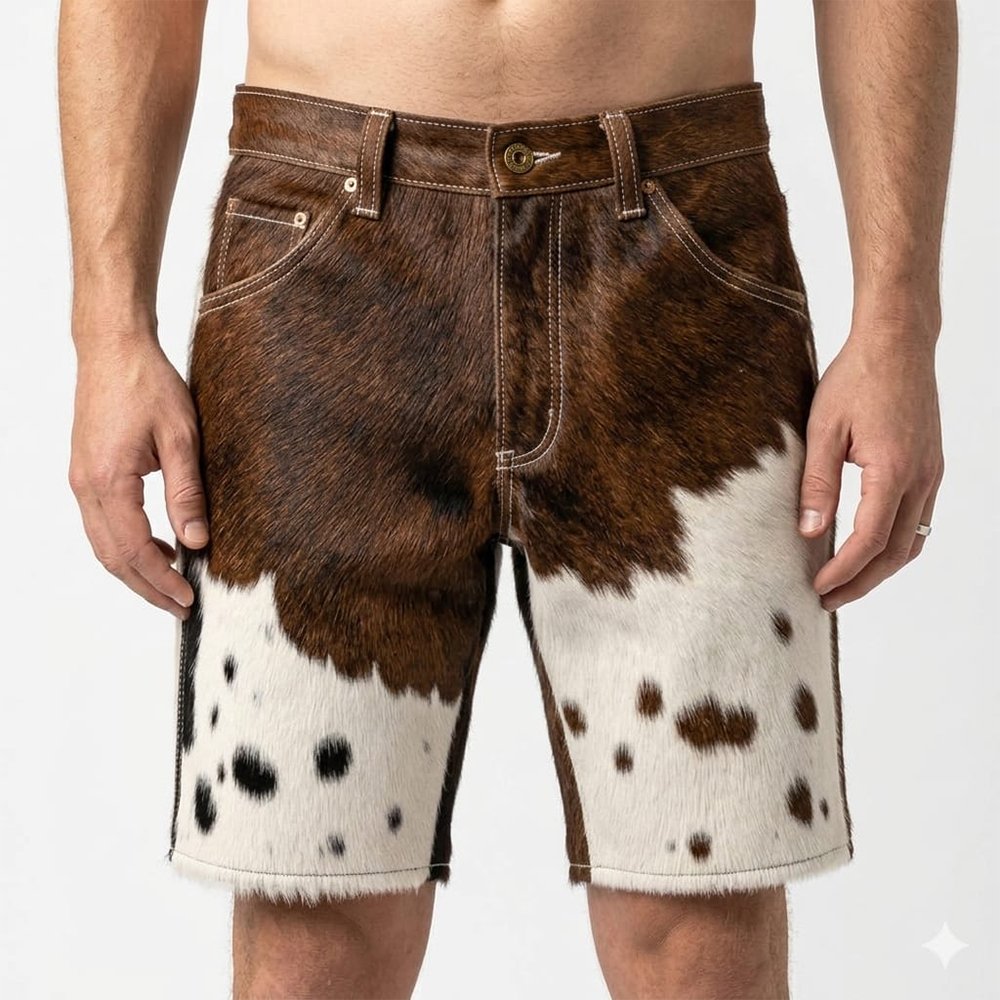 Premium White and Brown Cowhide Leather Shorts Front Pose