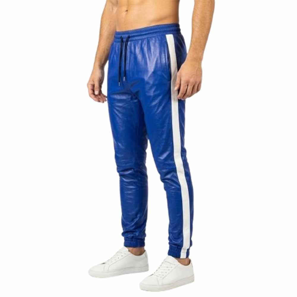 Royal Blue Leather Joggers with White Side Stripe Front Pose