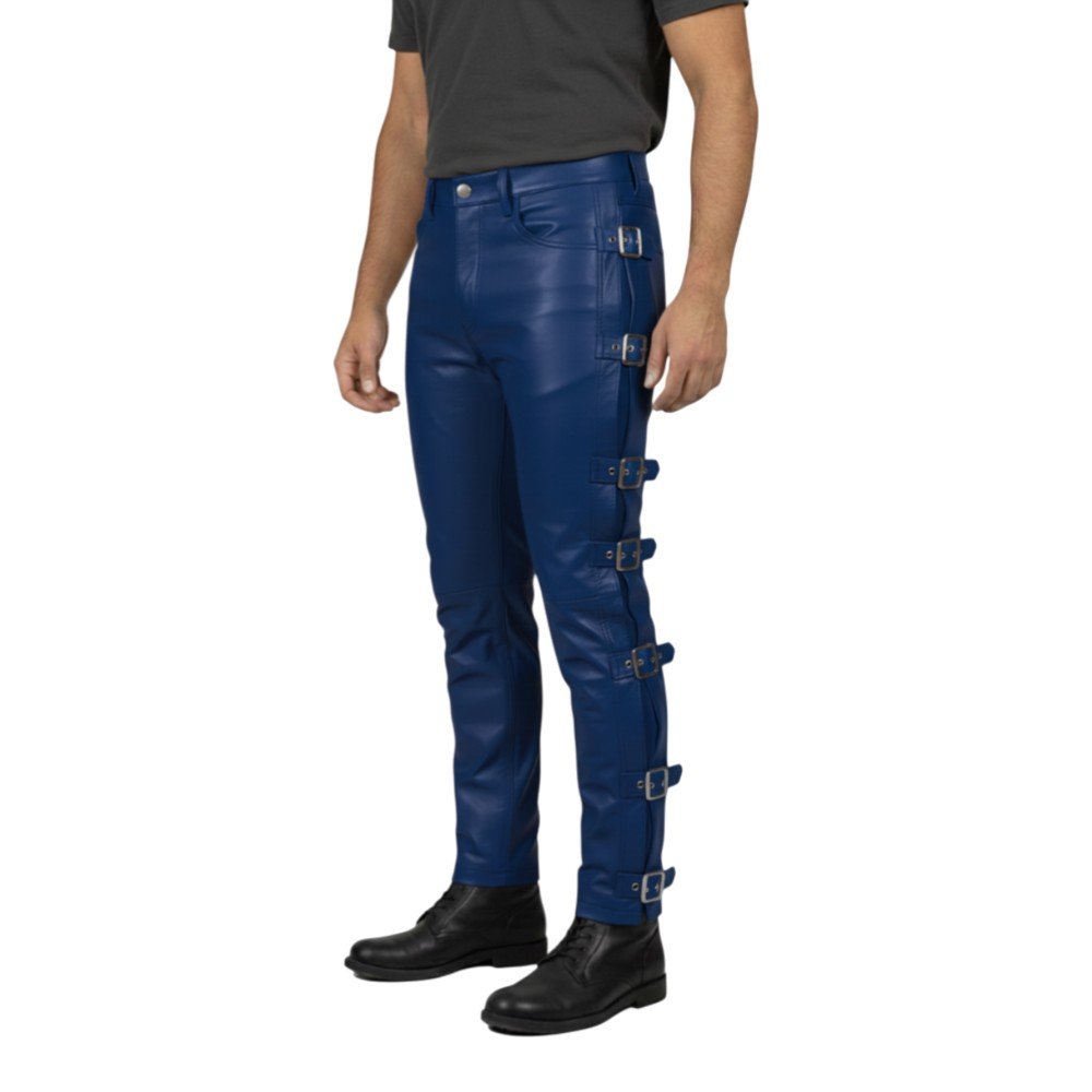Royal Blue Leather Pants with Side Strap