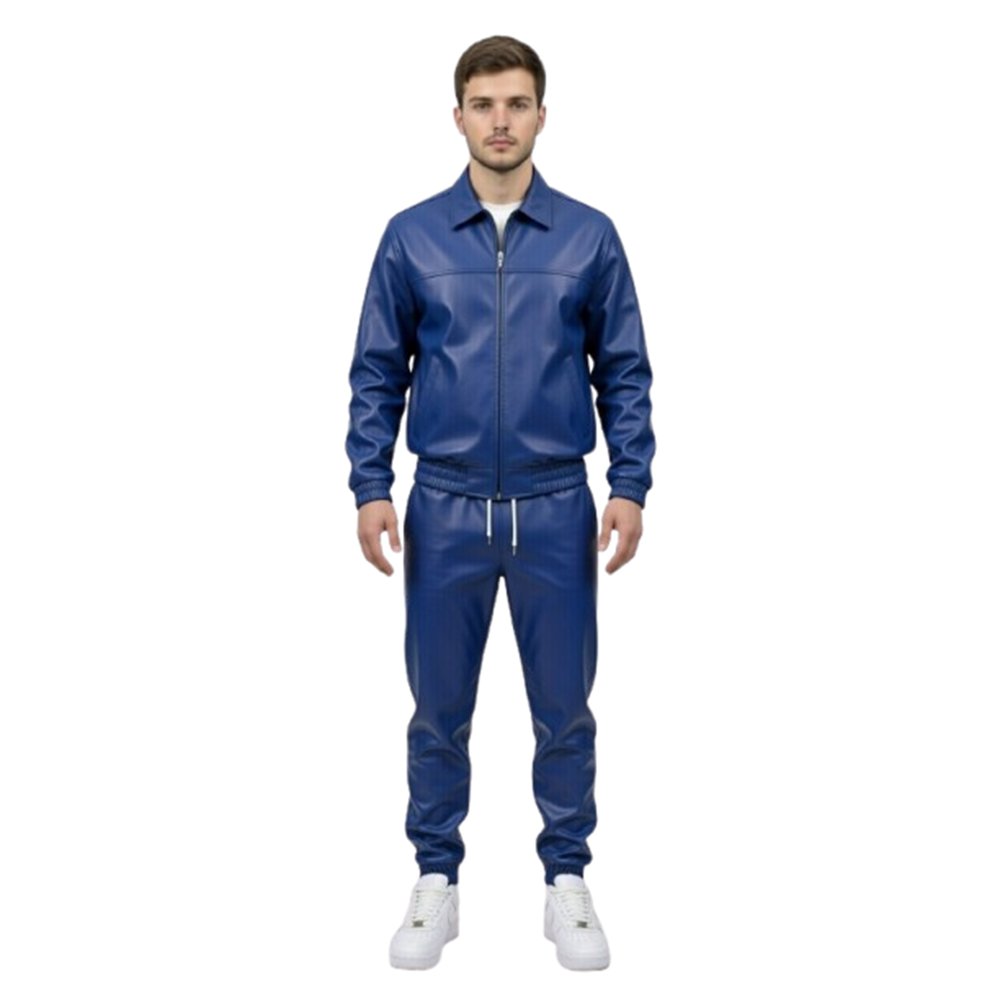 Royal Blue Leather Track Suit Front Pose