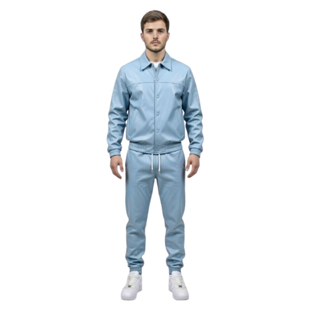 Sky Blue Leather Track Suit Front Pose