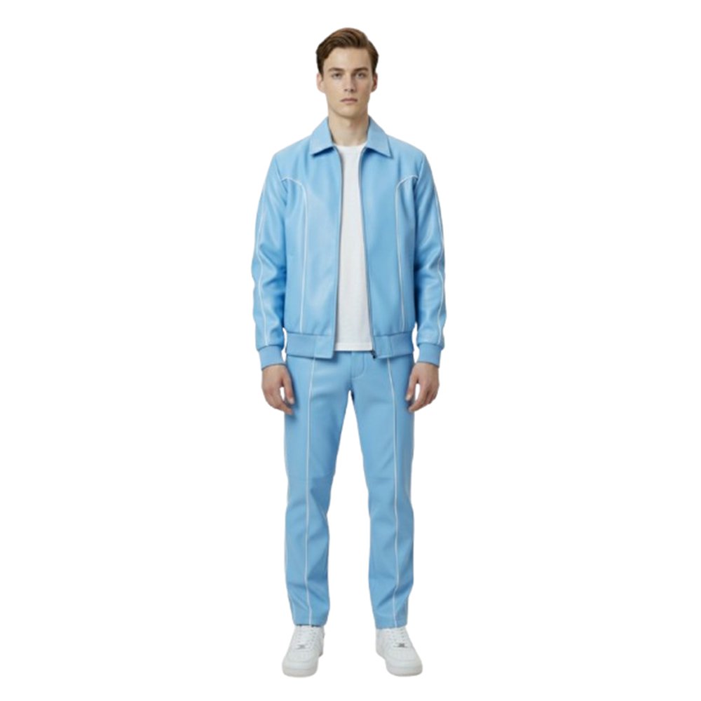 Sky Blue Track Suit With White Stripes Front Pose