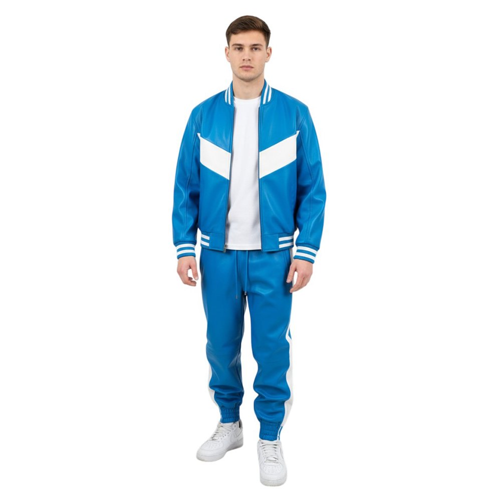 Sky Blue White Panel Design Track Suit Front Pose