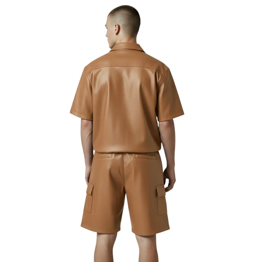 TAN Brown Leather Shorts and Shirt