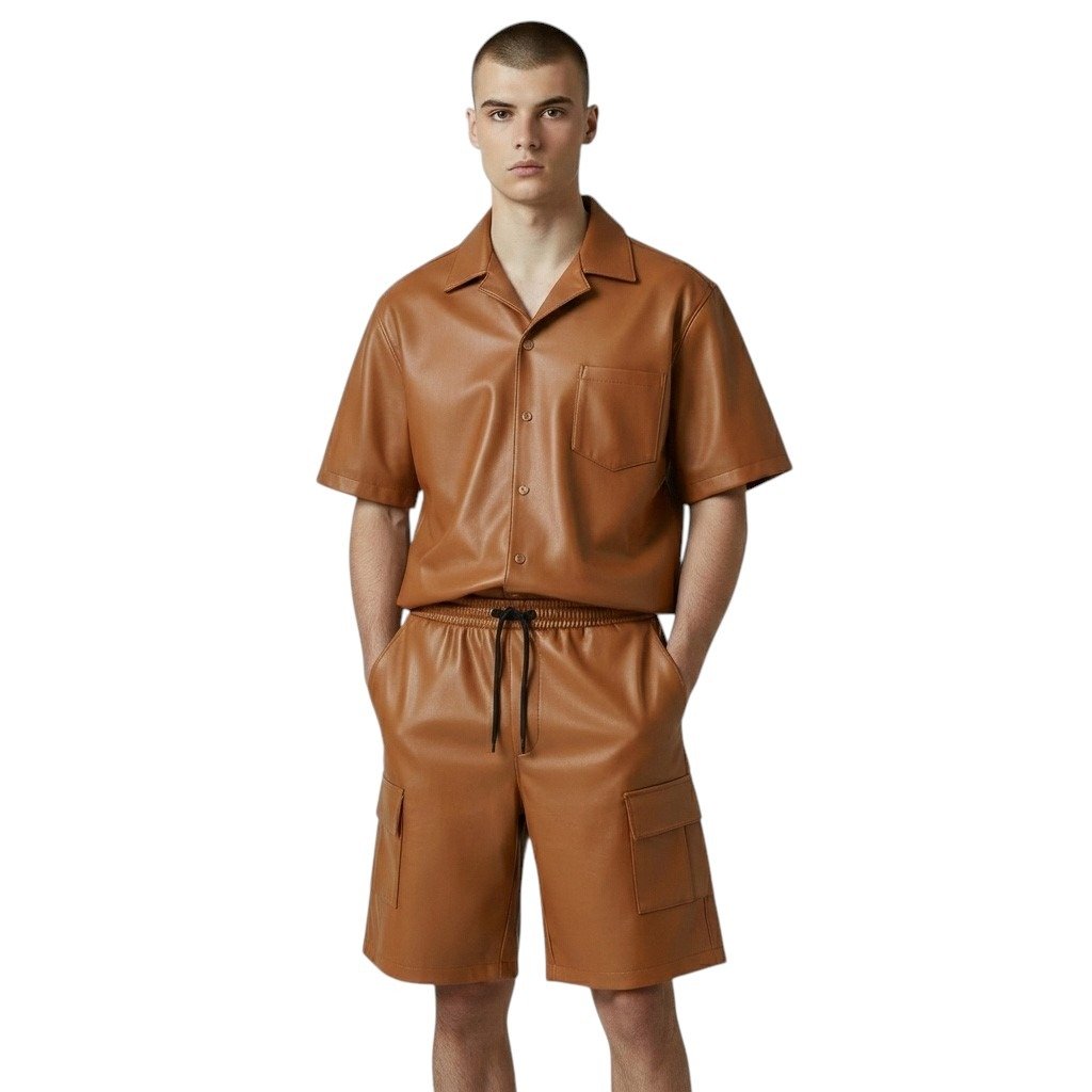 TAN Brown Leather Shorts and Shirt