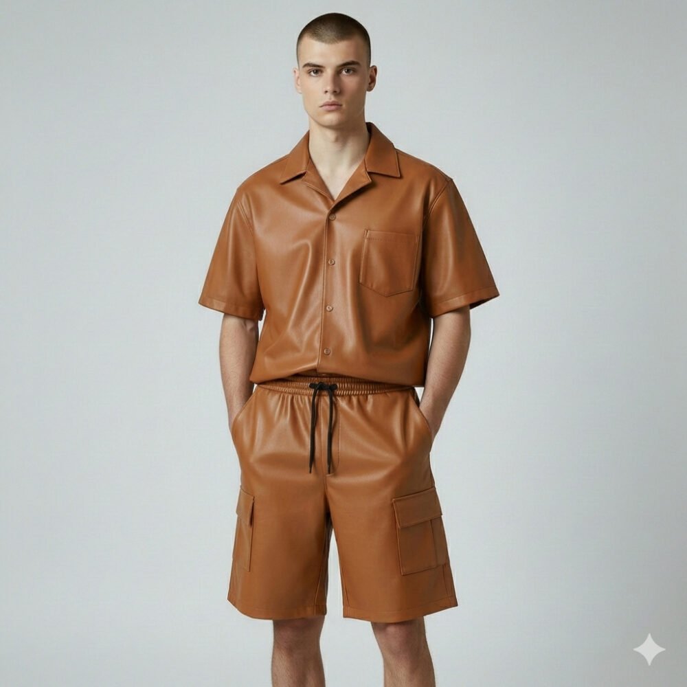 TAN Brown Leather Shorts and Shirt (2)