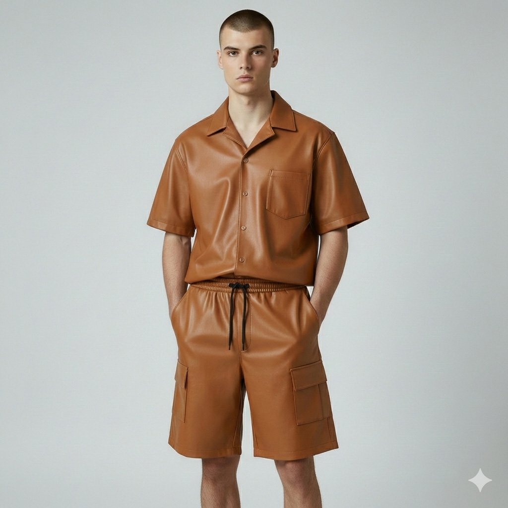 TAN Brown Leather Shorts and Shirt (2)
