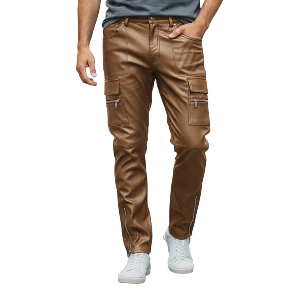 TAN Leather Cargo Pockets Pants (3)