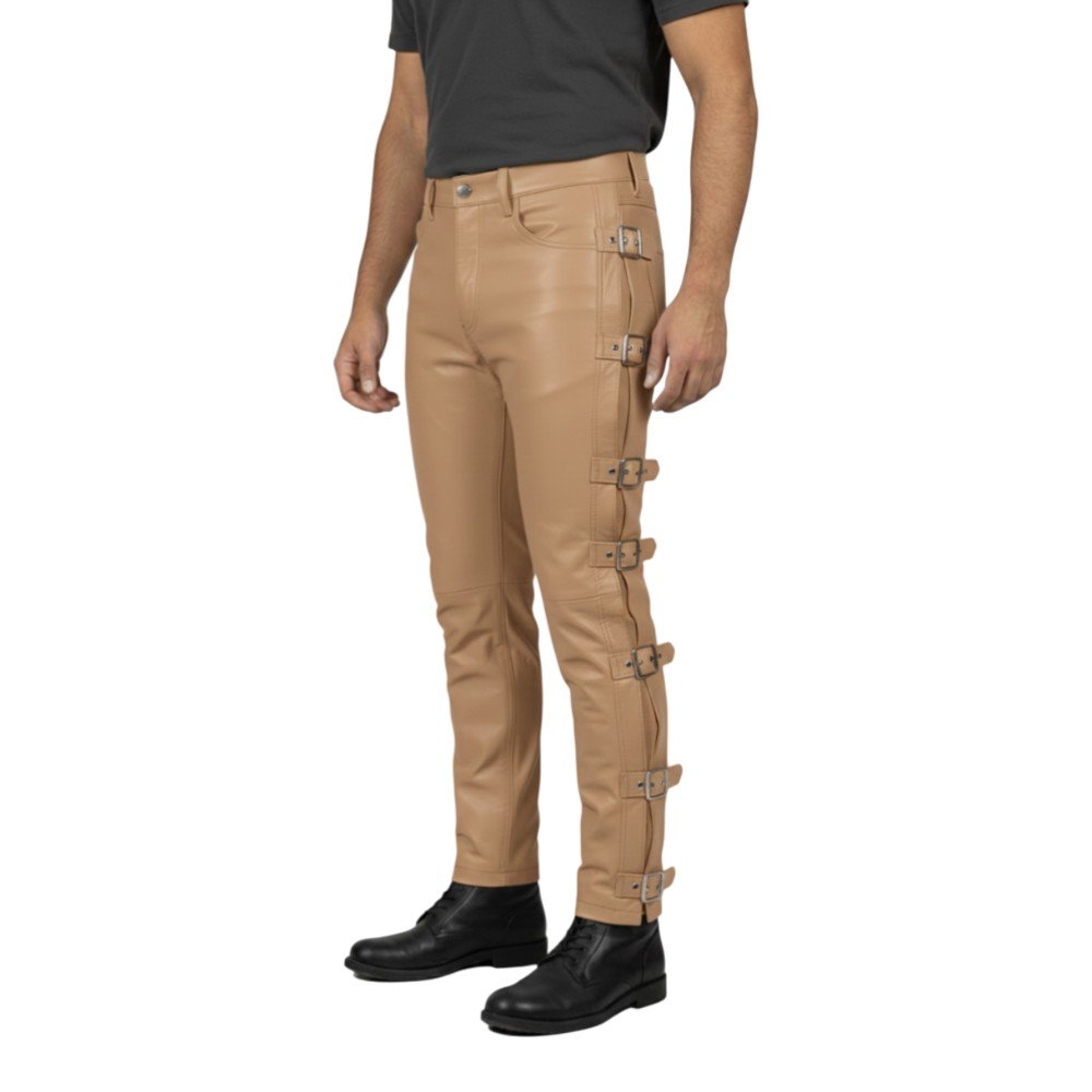 TAN Leather Pants with Side Strap
