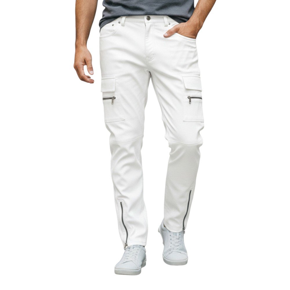 White Leather Cargo Pockets Pants (3)