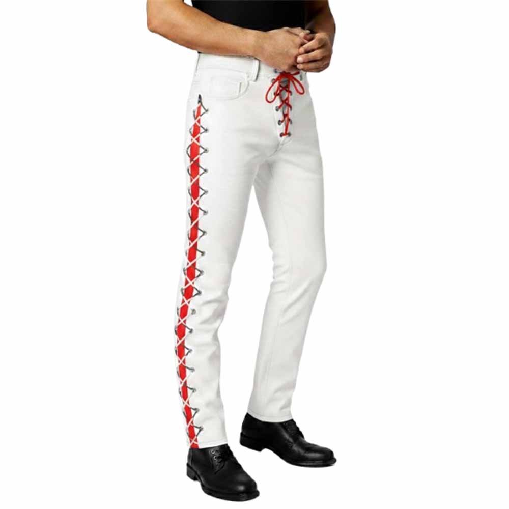 White Leather Pant with Red Side Strap and Laces (3)