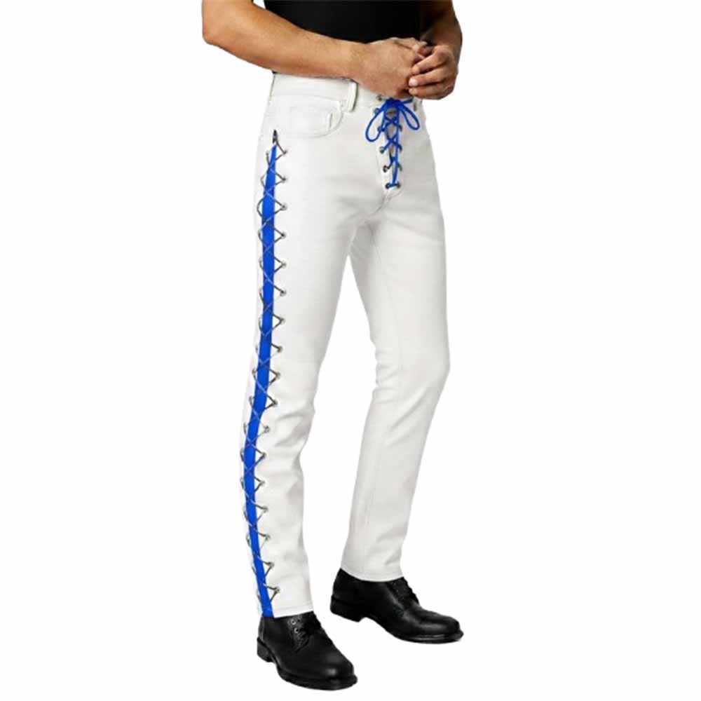 White Leather Pant with Royal Blue Side Strap and Laces (3)