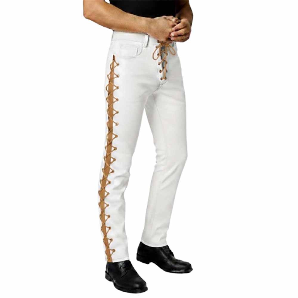 White Leather Pant with TAN Side Strap and Laces (1)