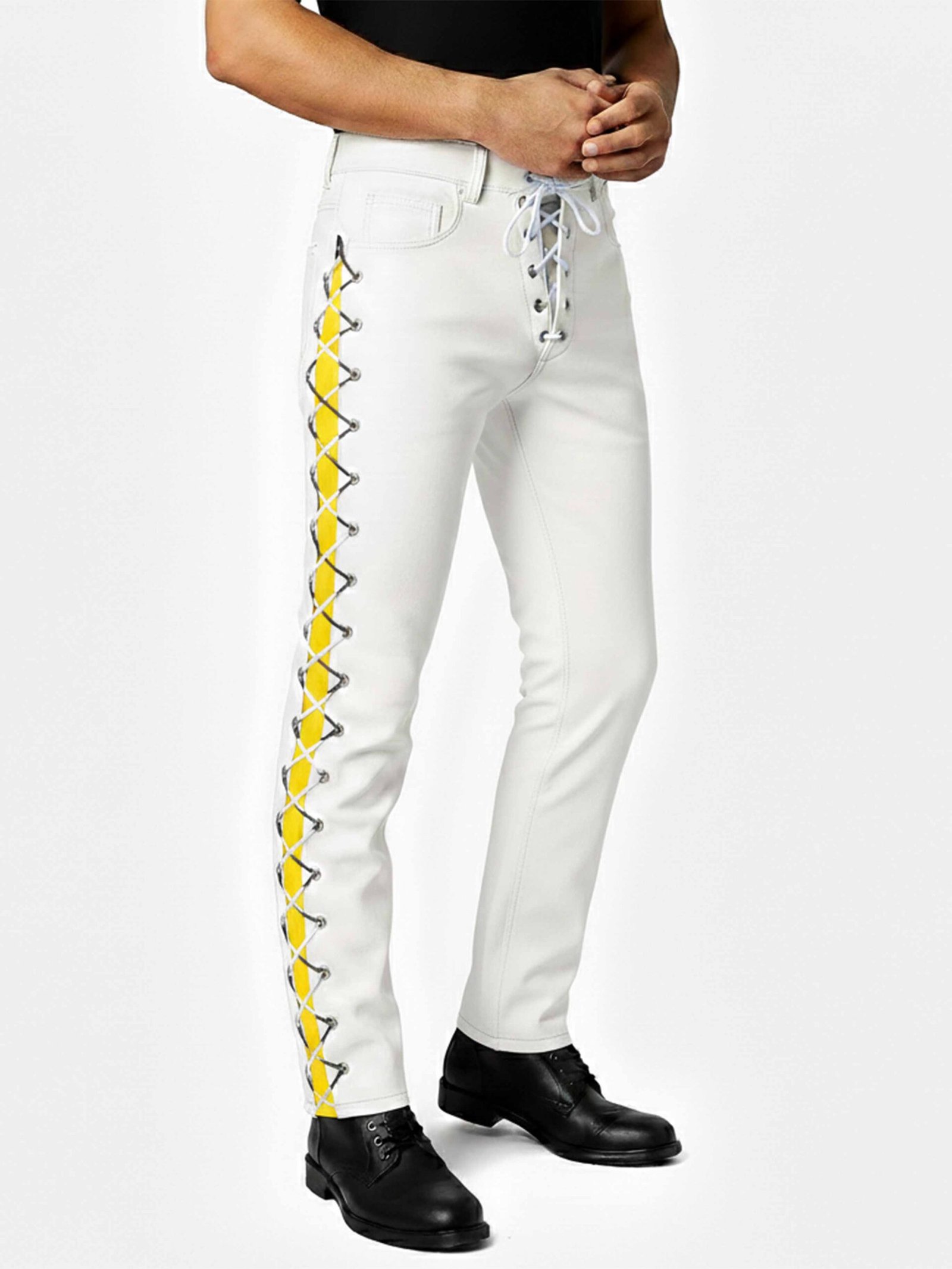 White Leather Pant woth Yellow Side Strap and Laces (1)