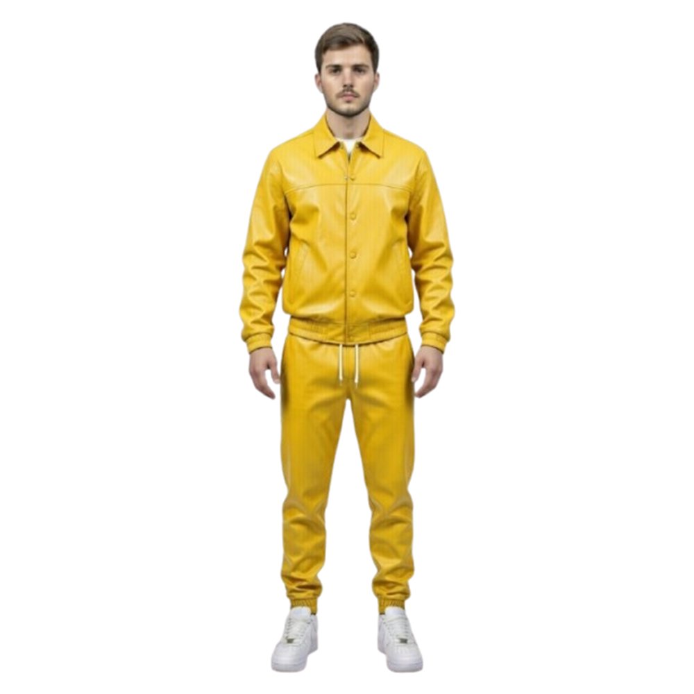 Yellow Leather Track Suit Front Pose