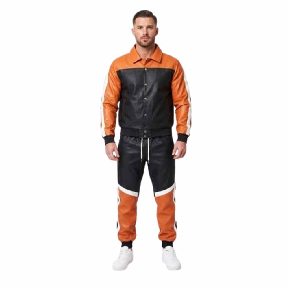 Black and Orange Leather Track Suit